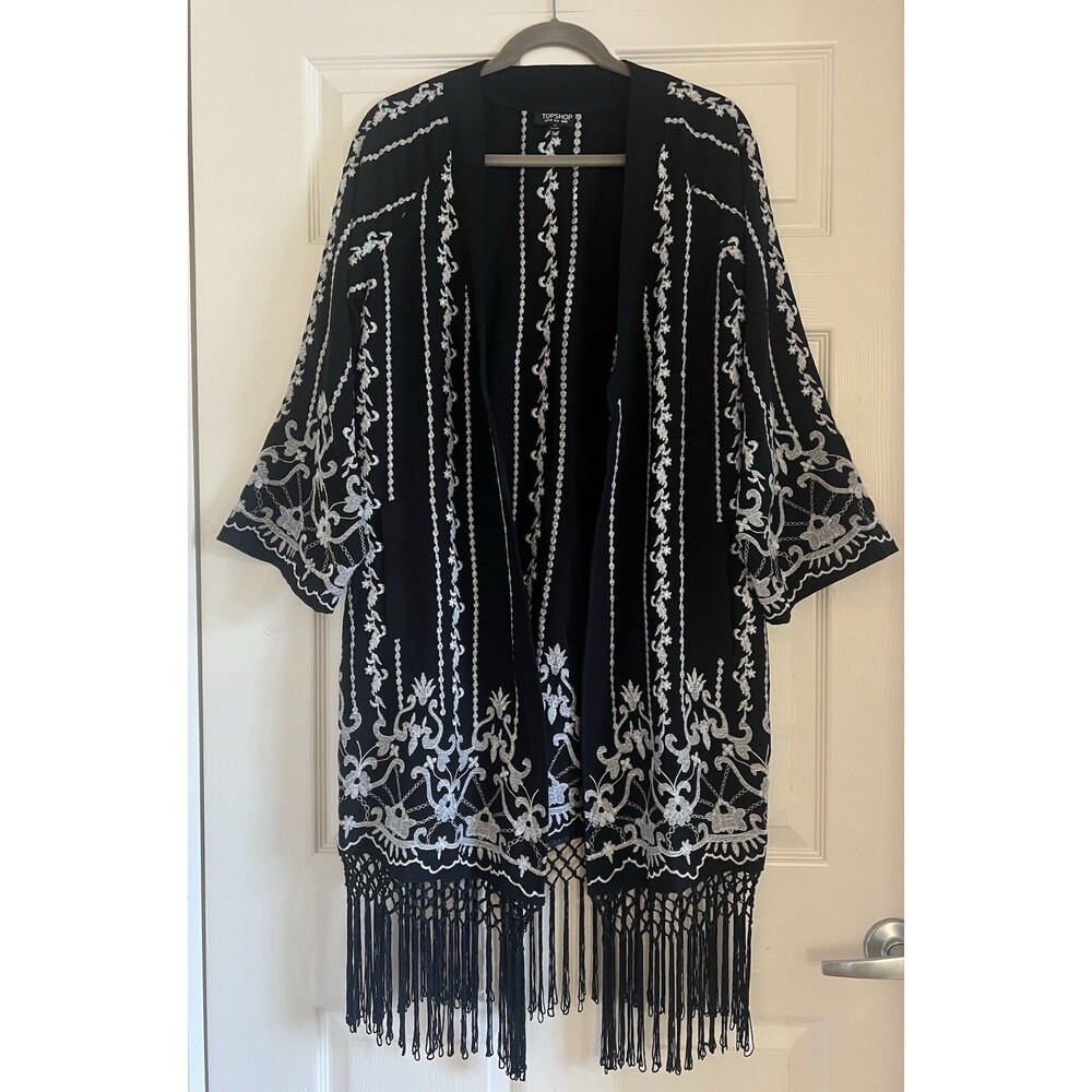 TOPSHOP Black Embroidered Fringe Kimono Duster Jacket Festival Boho Size 6 NWOT